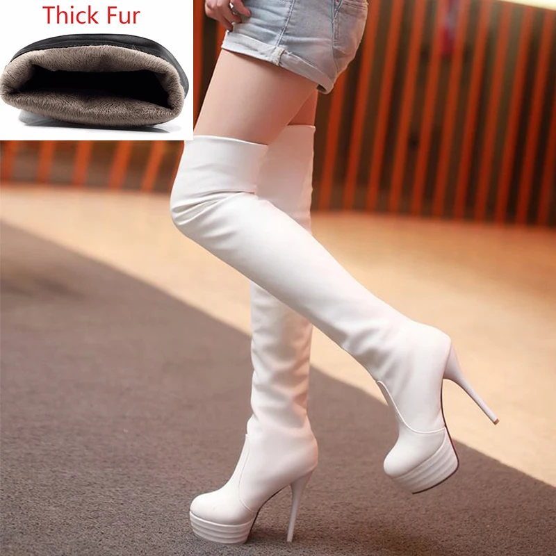white 1 thick fur ALLENLYNN/модные высокие сапоги выше колена размера плюс 32-46 Женская Весенняя пикантная обувь на тонком высоком каблуке, женская обувь на платформе - Цвет: white 1 thick fur
