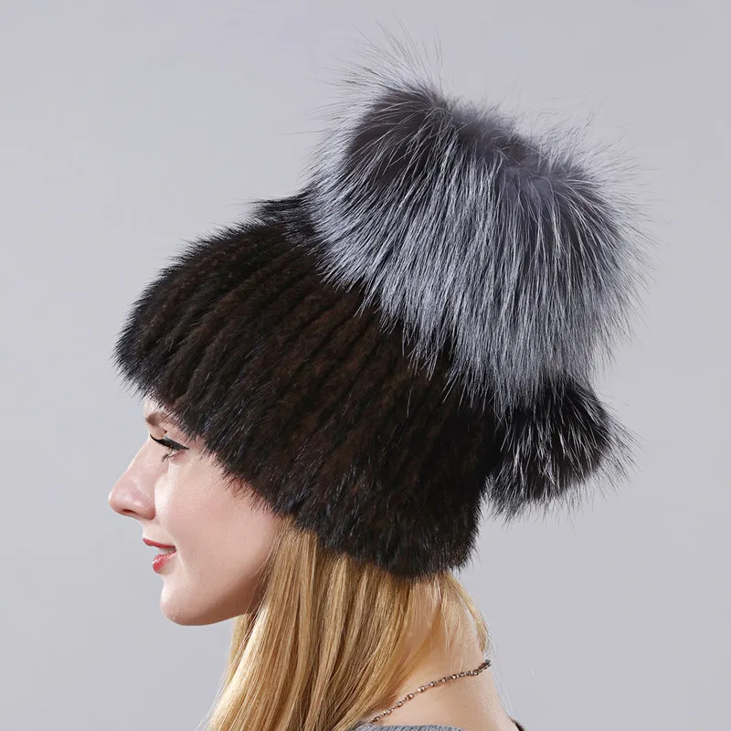 Hot Sale Style Real Mink Fur Hat Winter Warm Cap For Women Imported Mink Hats Hand-weaving With Fox Fur And Leather On The Top