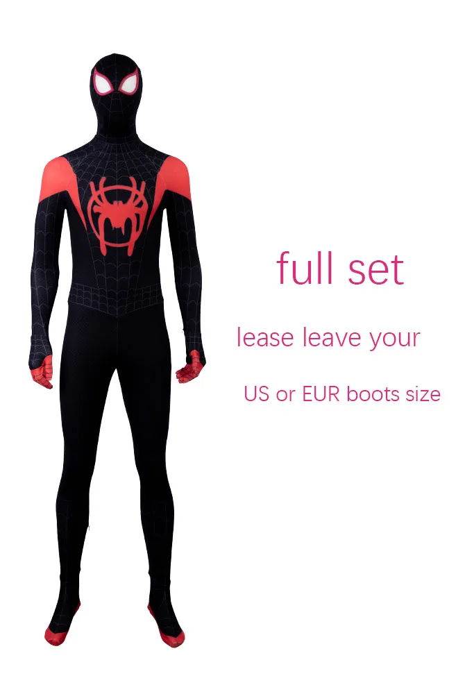 full set Человек-паук: в стихах паука, Майлз Моралес, маскарадный костюм, Zentai, Человек-паук, боди, Комбинезоны для детей и взрослых - Цвет: full set
