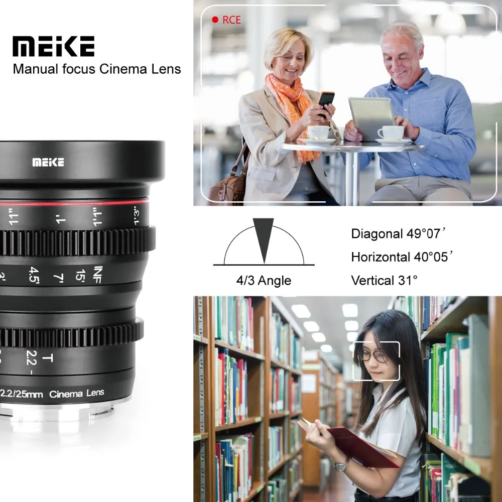 Meike 25 мм T2.2 Большая диафрагма ручной фокус Prime с низким искажением Mini Cine объектив