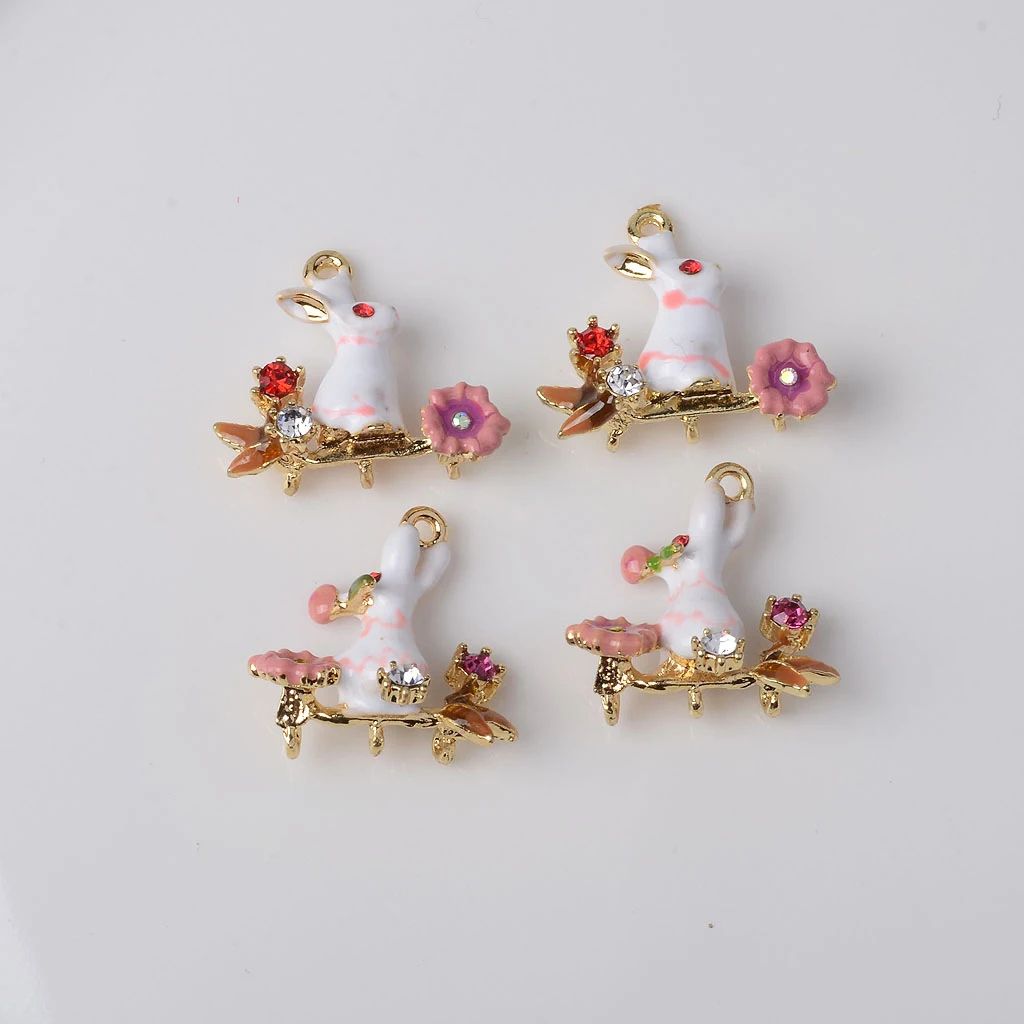 4Pcs Rhinestone Decorated Easter Rabbit with Flower for Hanging Charms Pendants /Earring Findings Crafts/Necklace Bracelets DIY | Украшения