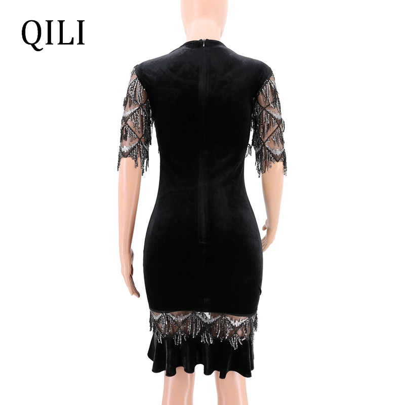 QILI Tassel Sequin Dress Elegant Lady Plaid Mesh Patchwork Ruffles Bodycon Dresses Half Sleeve O Neck Office | Женская одежда