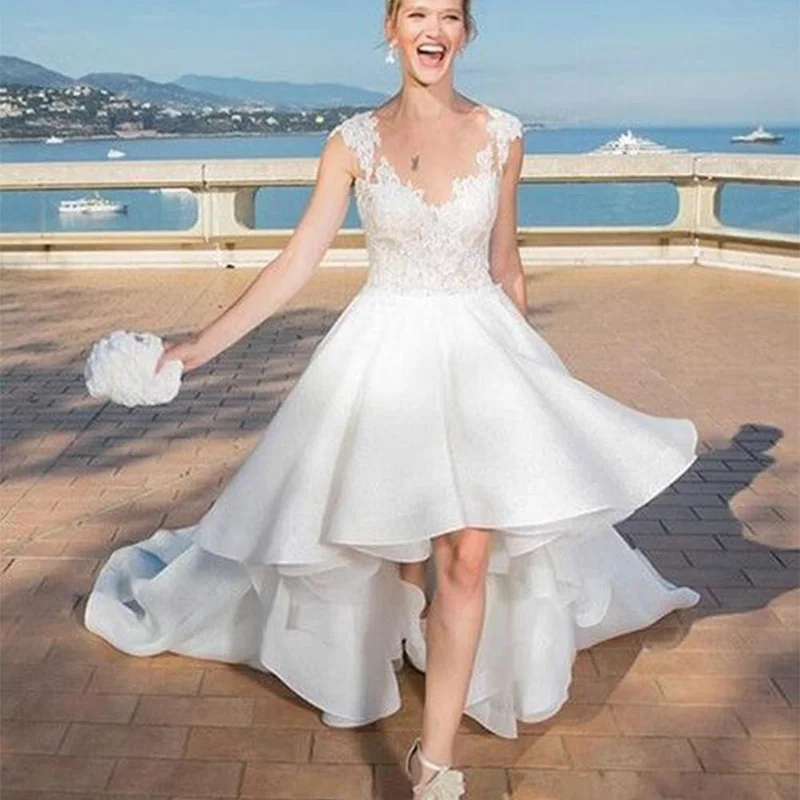 Сексуальные пляжные короткие свадебные платья 2019 кружева иллюзия Аппликации