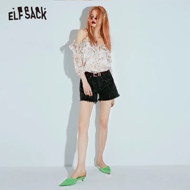 ELFSACK, черные потертые джинсовые женские шорты, винтажные женские шорты со средней талией, лето,, короткие джинсы, уличная одежда, хлопковые плавки
