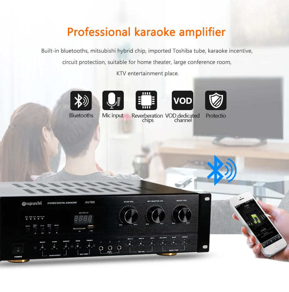 Oupushi профессиональные караоке усилитель мощности 250 Вт+ 250 Вт Bluetooth управление для домашнего кинотеатра, усилитель