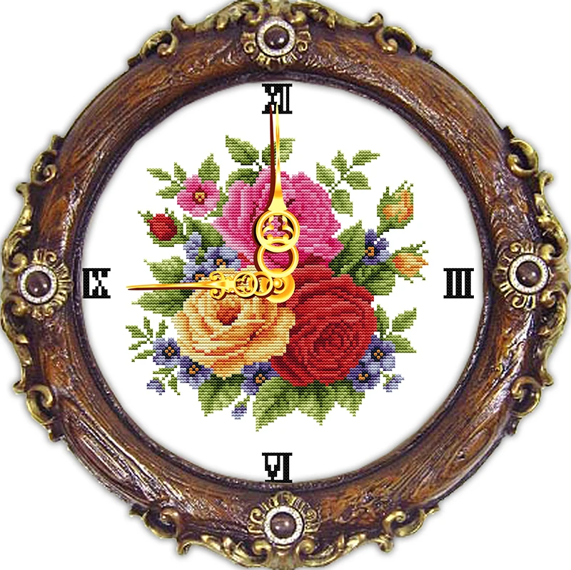 Three roses cross stitch kit 14ct 11ct count print canvas wall clock stitching embroidery DIY handmade needlework | Дом и сад - Фото №1