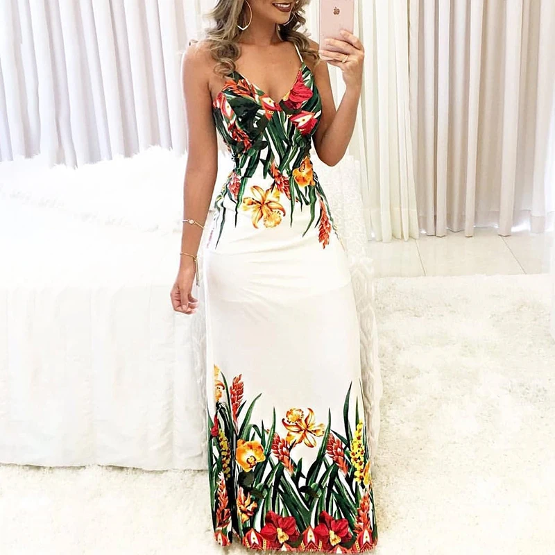 Women 2019 Summer Fashion Elegant Long Party Dress Female Tunic Floral Print Spaghetti Strap Deep V Slip Boho Maxi | Женская одежда