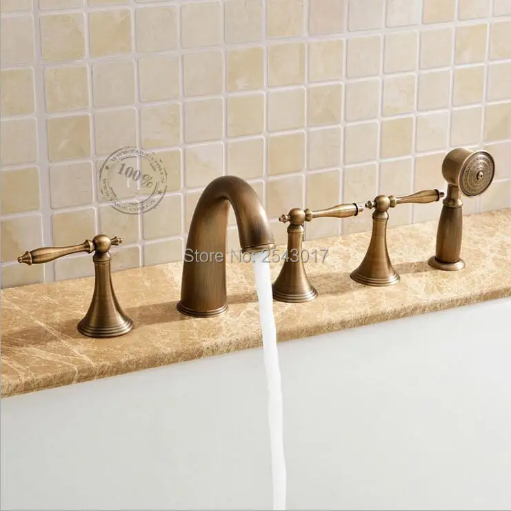 

Brand New 5 pcs Bathtub Faucets Deck Mounted Hot and Cold Antique Copper 3 Handles Bathroom Mixer with Hand Shower ZR885