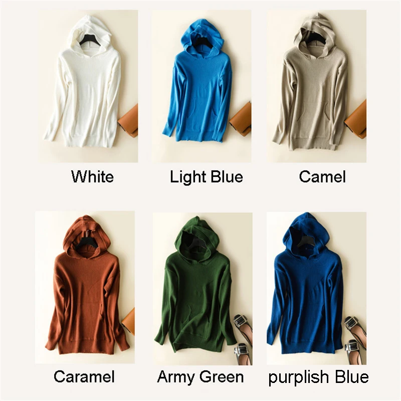 Однотонные толстовки женские Hoodies смесь шерсти и кашемира модные с длинным