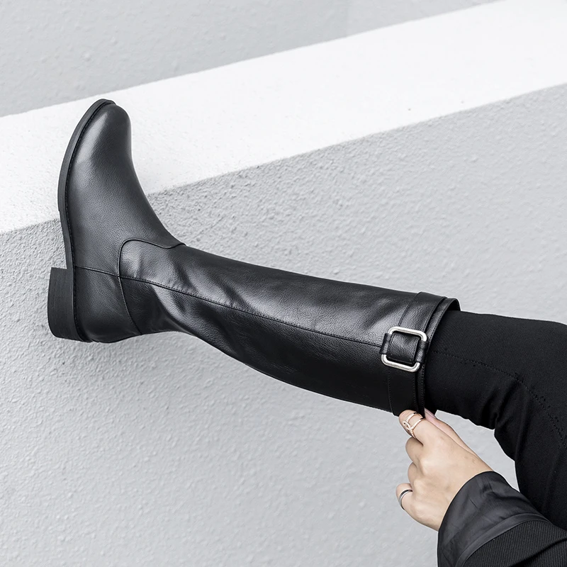 

ISNOM Genuine Leather Motorcycle Women Boots Round Toe Zip Footwear Riding Knee High Female Boot Thick Heels Shoes Woman 2018