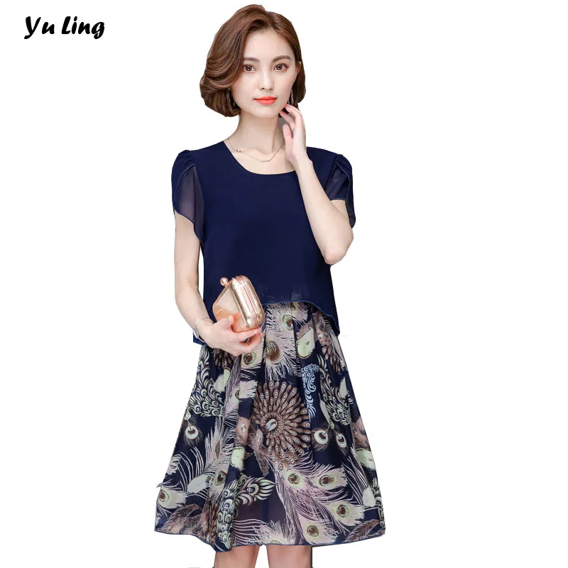 2017 Летние Женщины Жира ММ Павлиньи Перья Отпечатано Поддельные Две Пьесы