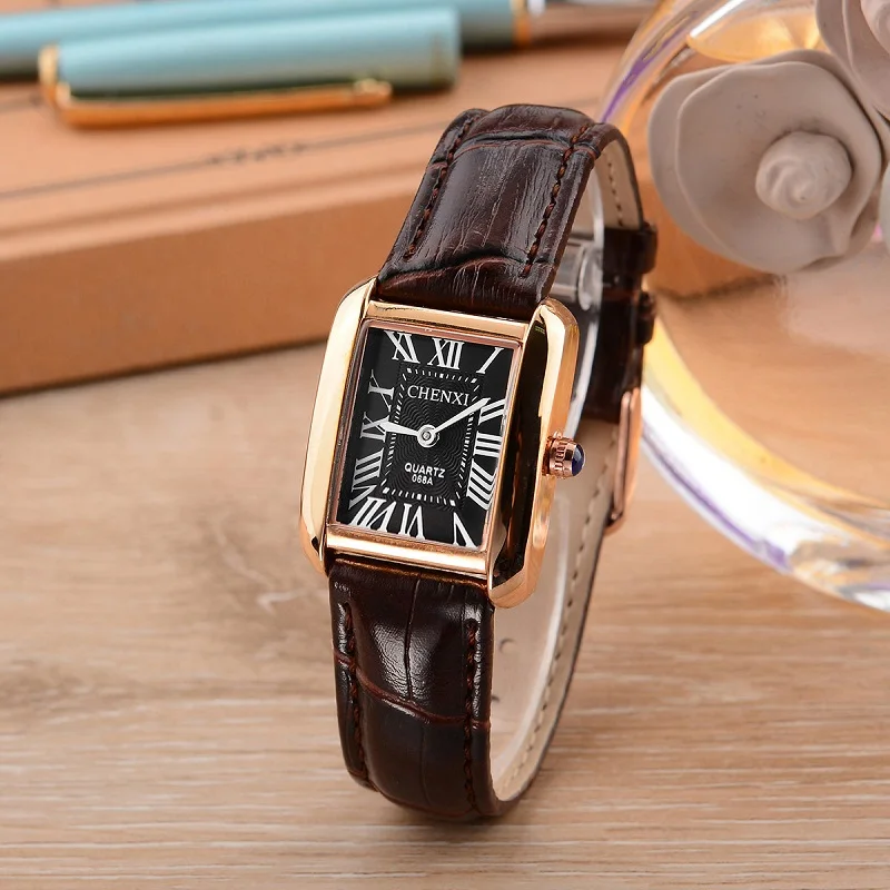 Brown Black Dial CHENXI Брендовые женские красные кожаные роскошные кварцевые модные женские часы простые наручные часы женские креативный подарок montre femme - Цвет: Brown Black Dial