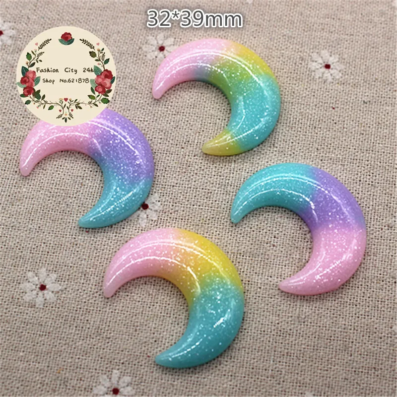 

10pcs kawaii Moon Three-color Effect Glitter Resin Flatback Cabochons DIY Home Decoration Accessories,32*39mm