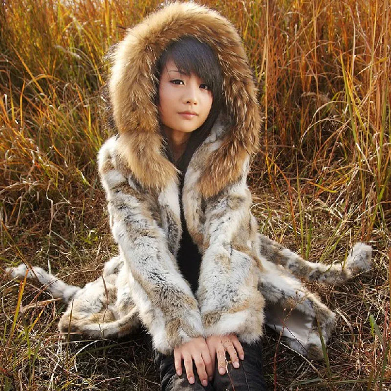Новое поступление Женское пальто из натурального кроличьего меха с капюшоном