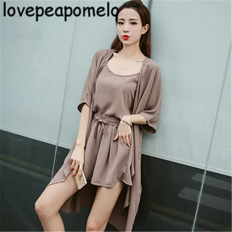 2018 spring and summer women's short-sleeved long-sleeved cardigan sling wide leg pants loose large size fashion suit 5XL D202 |