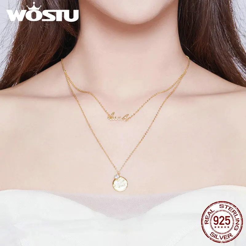 WOSTU, 925 пробы, серебро, золото, Двойная Цепочка, ожерелья, циркон, Подвеска для женщин, модные свадебные украшения, CTN090
