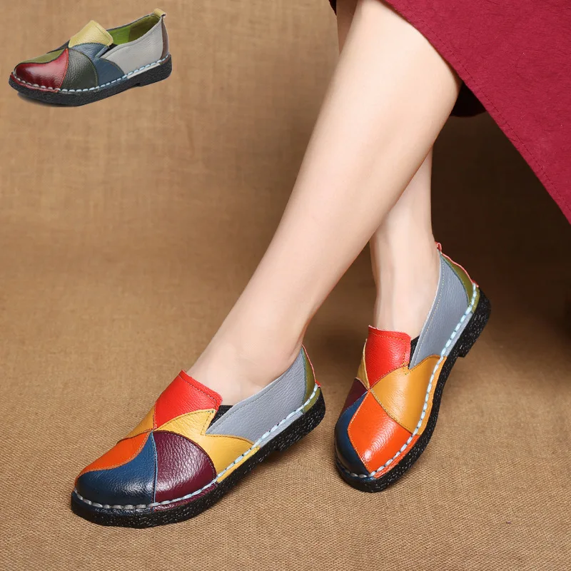 

Women Loafers Patches stitching Flat Shoes Woman Summer Flats Soft Candy colors Genuine Leather Moccasins Loafers