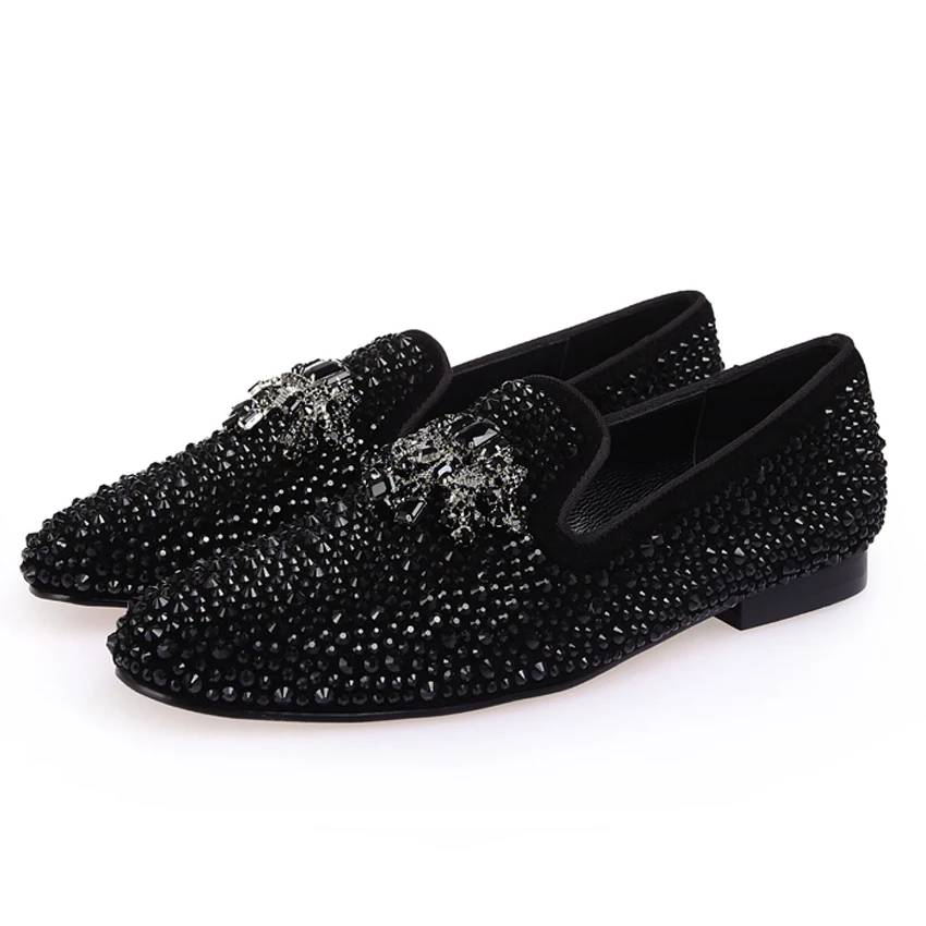New Fashion Black crystal Handmade Genuine Leather Man Shoes Wedding and Party Loafers Men Flats size 39-47 Free shipping | Обувь