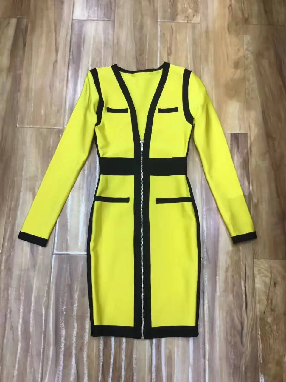 Женское трикотажное платье с V образным вырезом и длинным рукавом|yellow bandage dress|bandage