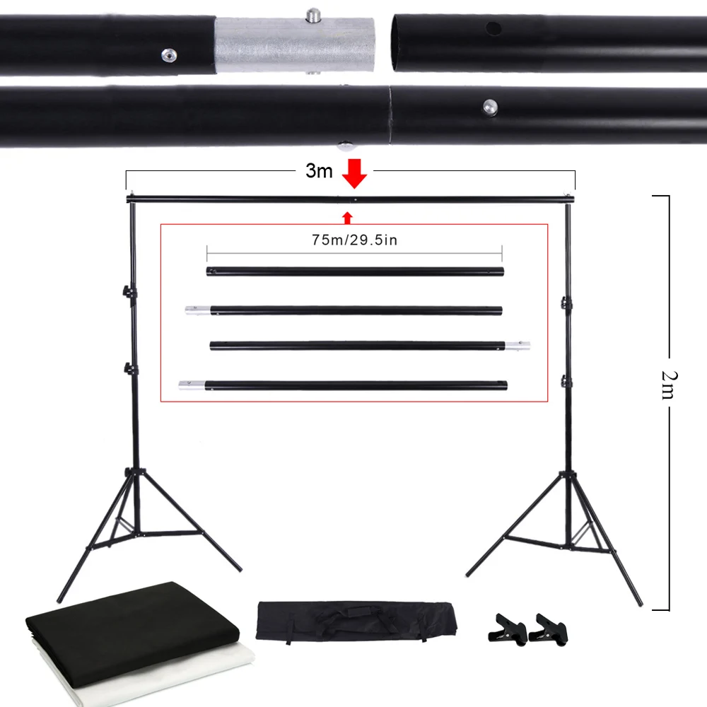 

CZ 2*3M Photo Studio Photography Background Backdrop Stand w/ Storage Bag Black White Nonwoven Backdrops Backgrounds Mini Clips