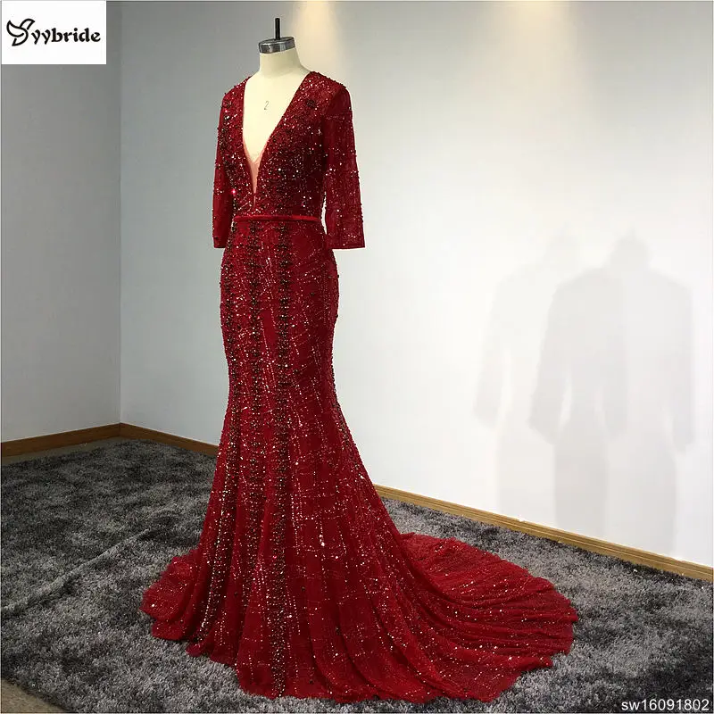 YYbride халат De Soiree роскошное вечерное платье Фактические красное вино Бисер кристаллы v-образным вырезом платья знаменитостей, Русалка Вечерние платья