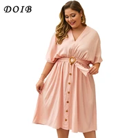doib plus size solid color dresse batwing sleeve v neck button sashes dress xl 2xl 3xl 4xl