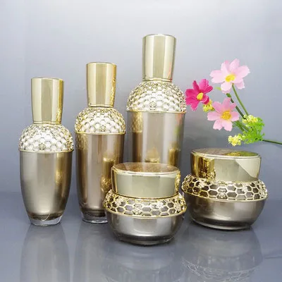 High Quality30g 50g Gold Acrylic Cream Jar Gold Cap Empty Cosmetic Container Jar 30ml 60ml, 120ml Lotion Pump/Spray Bottle