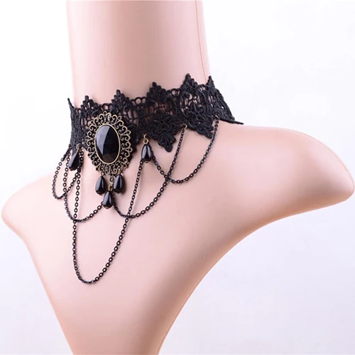 Винтажный Черный чокер со стразами и цепочкой кружевное ожерелье в стиле панк