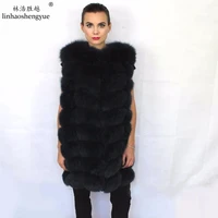 linhaoshengyue black red 88cm long fox fur vest women long real fox fur vest