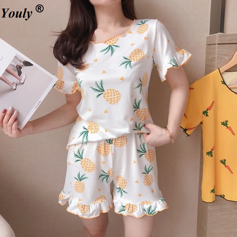 Cute Printed Cotton Hot Shorts And Short Sleeve Top Pajamas 2 Pcs Set Women 2021 Summer Casual Loose Round Neck Sleepwear Set