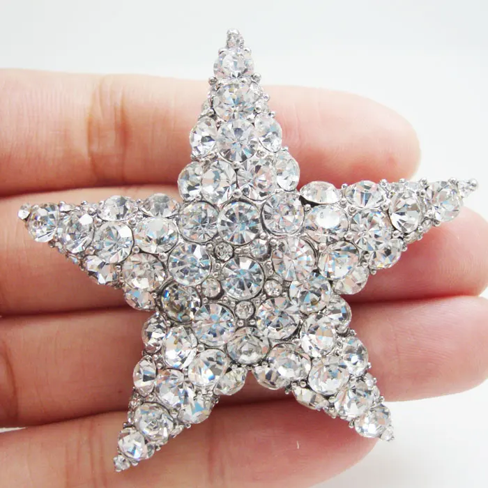 Silver Color Wedding Bride Austria Crystal Clear Starfish Star Brooch Pin Fashion Bridal Jewelry