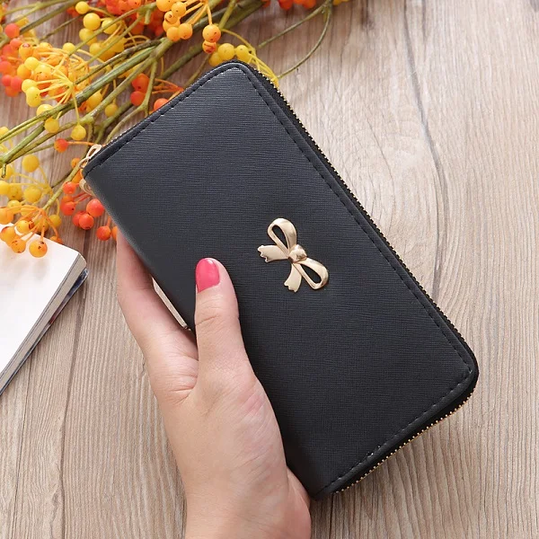 Black Wallets Женские кошельки мода конфеты сплошной цвет женский длинный кошелек милый сумка с бантом Сумочка для женщин деньги монета держателей карт леди кошелек - Цвет: Black Wallets