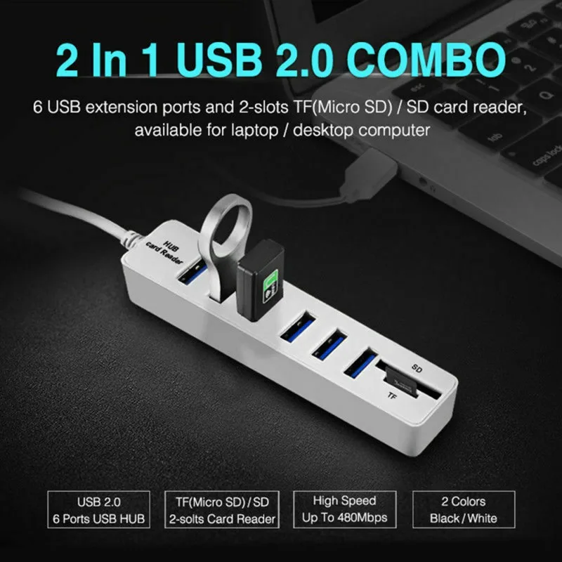 8 портов USB2.0 концентратор адаптер 6 USB + SD TF устройство для чтения карт памяти