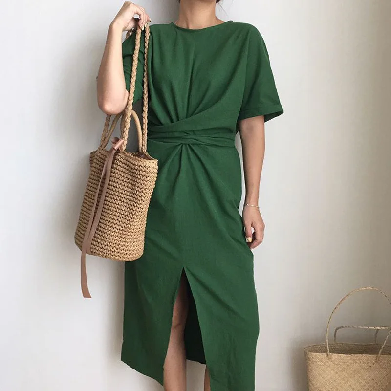 FATIKA, винтажное, элегантное, короткий рукав, на шнуровке, платье для женщин, одноцветное, длина до колена, платье, весна-лето, новая мода, свободные платья - Цвет: Green