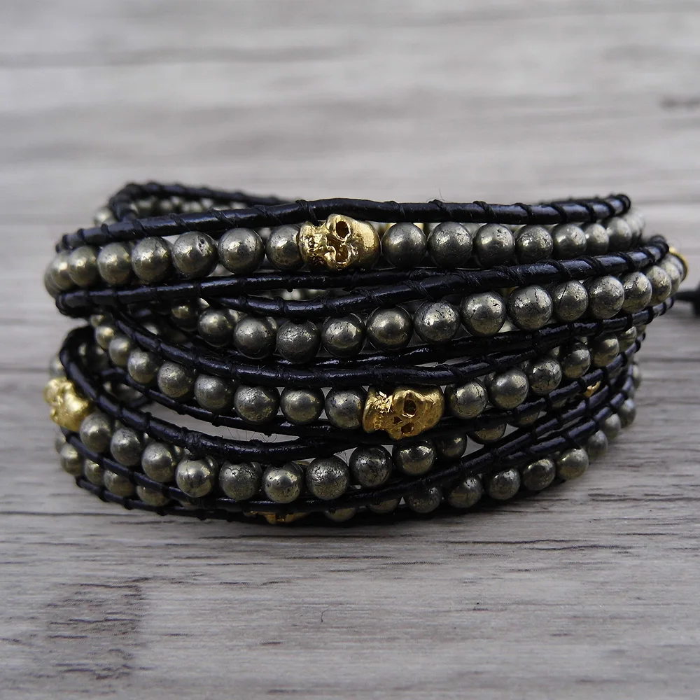 Пирит wrap череп бусы браслет кожаный Бохо Браслет yoga jewelry палантины barcelet