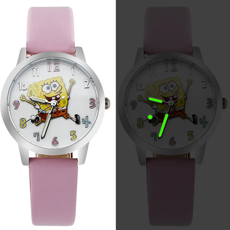 Часы для мальчиков и девочек с надписью «Spongebob», с циферблатом, с кожаным ремешком, кварцевые часы, подарок для детей, детские часы, платье