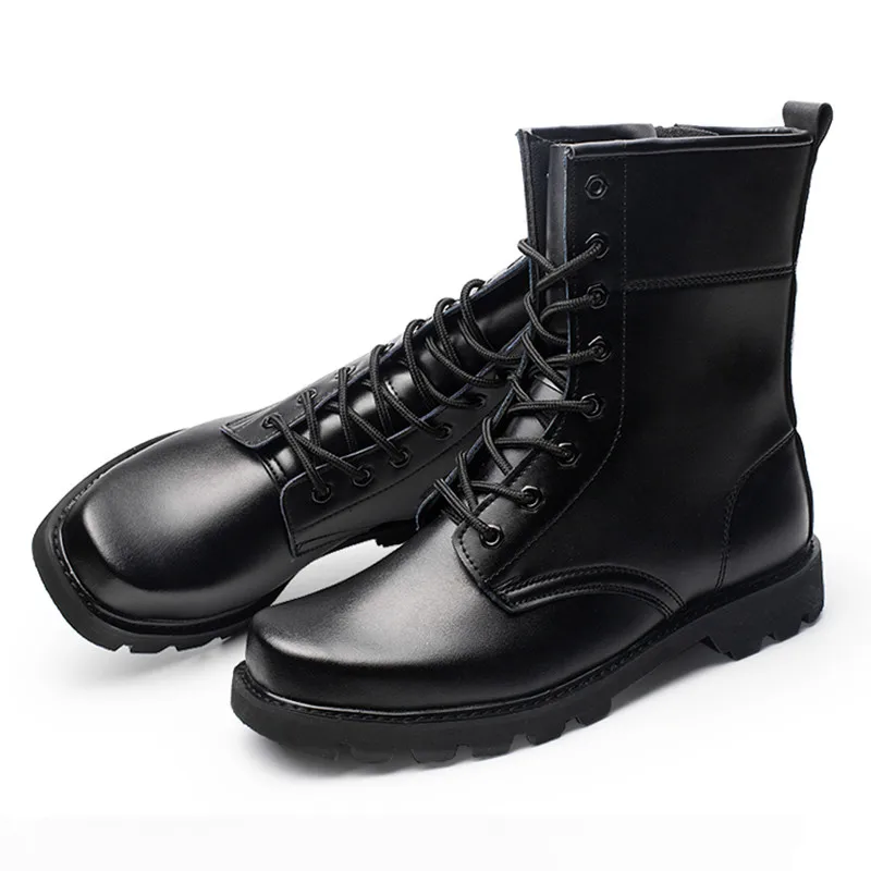 LIN KING Warm Plush Black Men Lace Up Motorcycle Boots Mid Calf Winter Shoes Steel Toe Puncture Proof Safety Man Military Boots