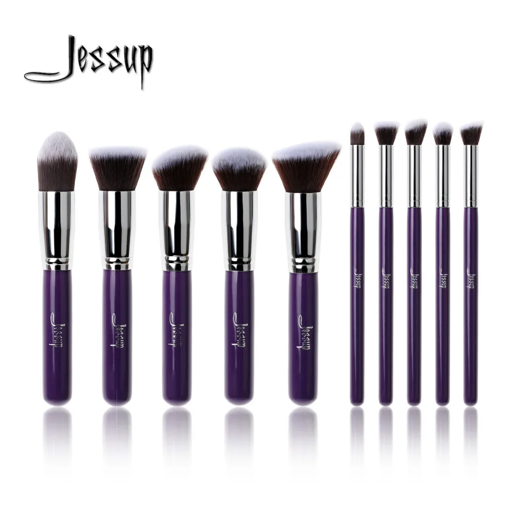 Профессиональные 10 шт. фиолетовые/серебряные кисти для макияжа от бренда Jessup