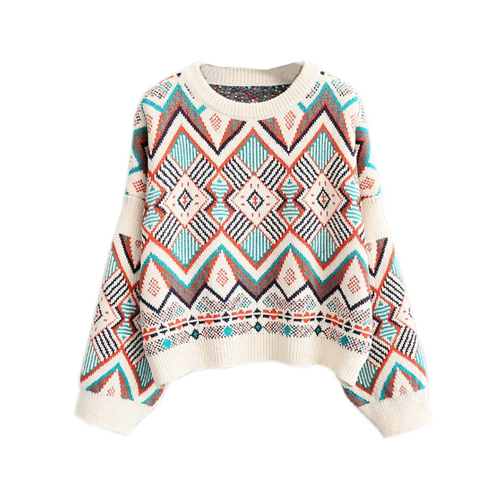 Korean Fashion Casual Knitted Sweater Female Geometric Print Best Selling Autumn Knit Top Winter Pullover Bottoming Women Jumper | Женская