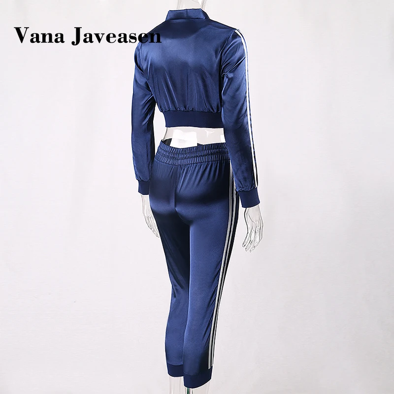 Vana Javeasen Autumn Winter Satin Sets Women Zipper Side Stripe Crop Tops Drawstring Calf Length Pants Sexy Workout Tracksuits |