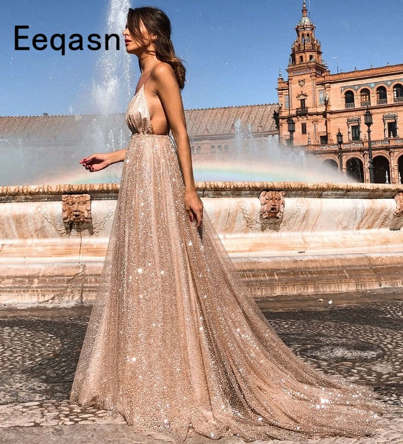 Роскошное вечернее платье цвета шампанского и золотого 2020 длинное блестящее
