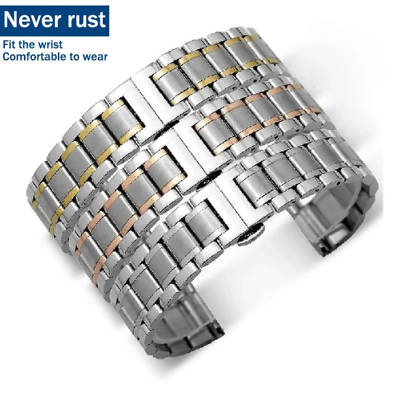 12 14 16 18 19 20 21 22 24mm Solid Full Stainless Steel Watch Band Butterfly Buckle Bracelet Flat Head Elbow Dual Purpose Straps