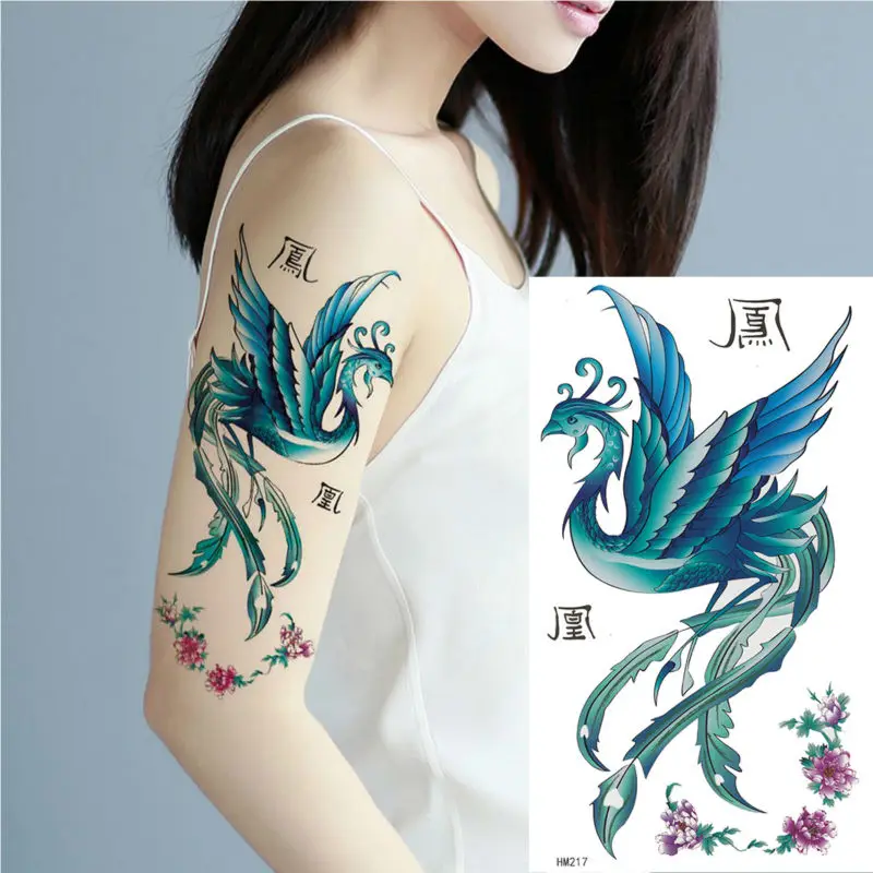 King Horse female waterproof blue phoenix pattern peony Waterproof 17X10CM Arm Tattoo Flash Temporary Sticker for women | Красота и