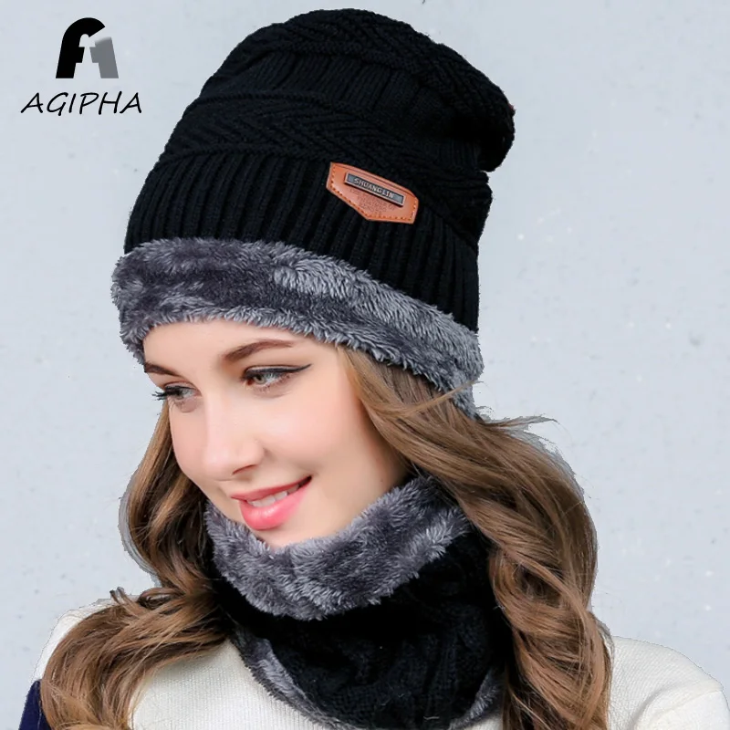 Зимние теплые однотонные вязанная шапка шапки и шарфа комплект для мужчин женщин