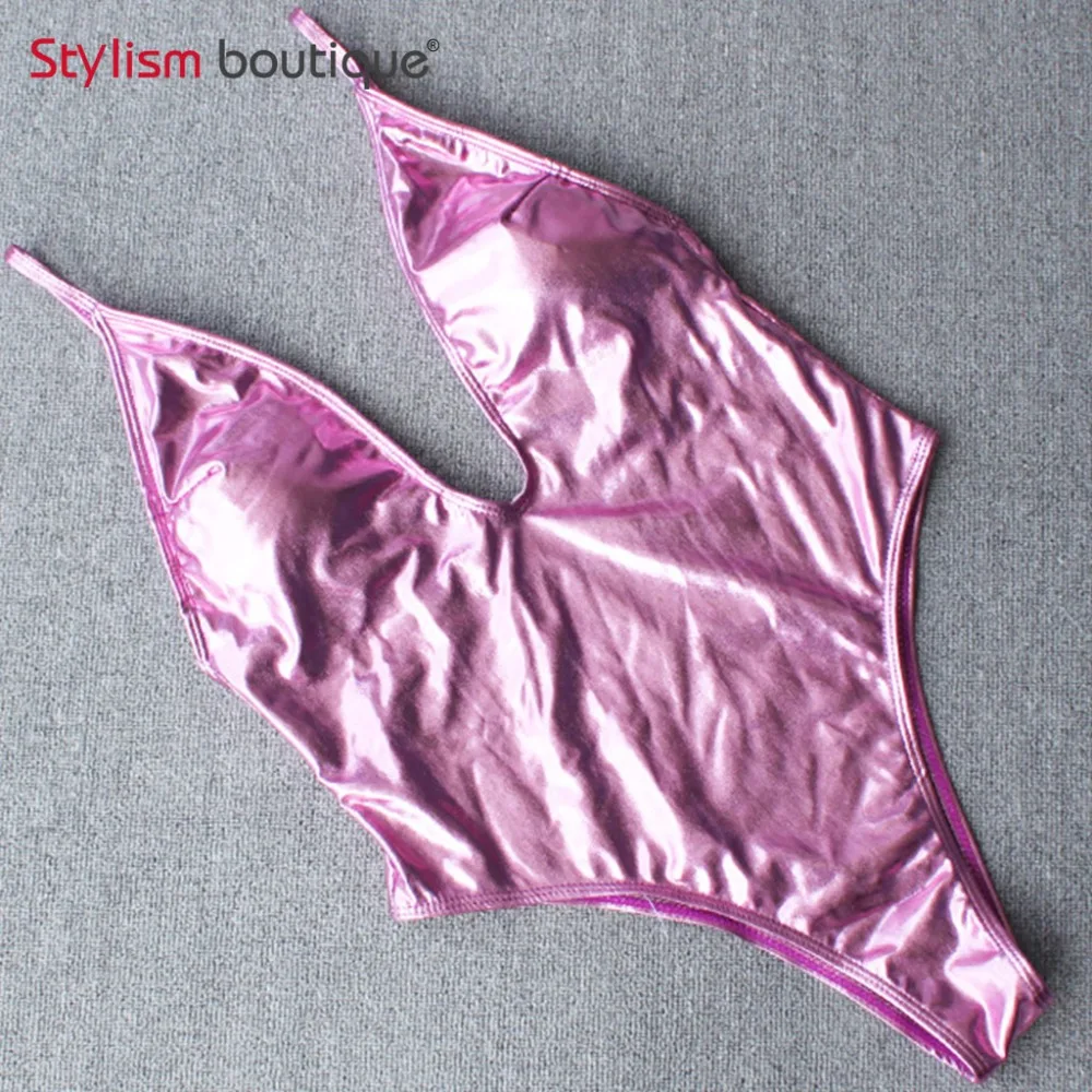 Металлический цвет Цельный купальник с глубоким v образным вырезом сексуальный