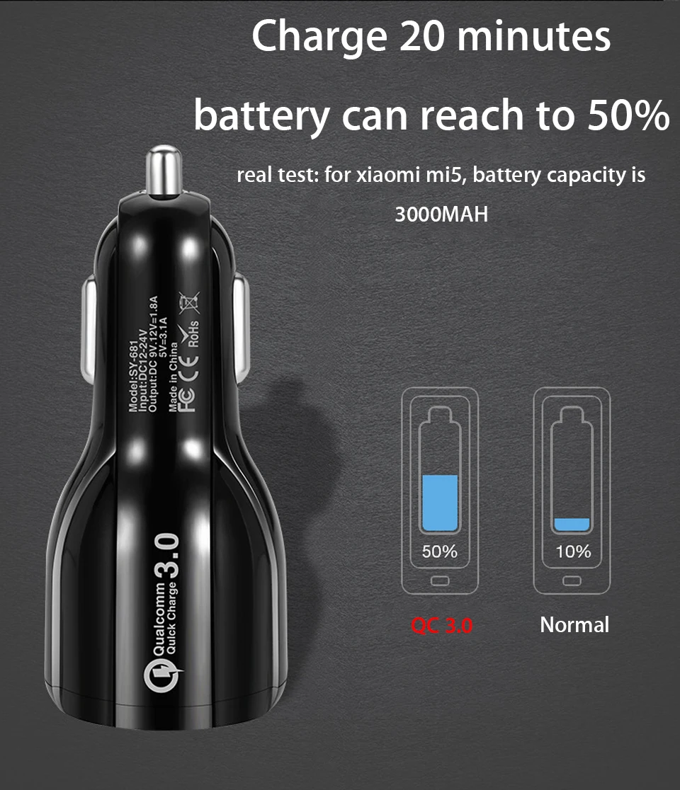 Автомобильное зарядное устройство QC 3 0 с двумя портами USB быстрая зарядка для LG