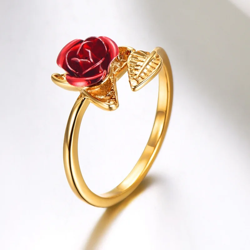Party Favors Red Rose Garden Flower Leaves Resizable Finger Rings Women Valentine's Day Lover Wedding Decor Gift Jewelry Party - Цвет: Gold color