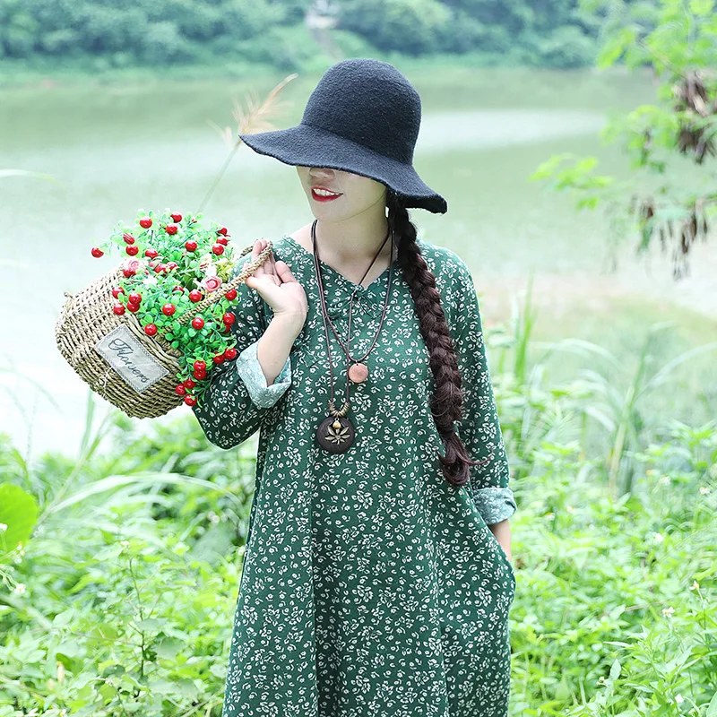 Винтаж Этническая Для женщин Цветочный Принт Свободные V шеи хлопок белье платье