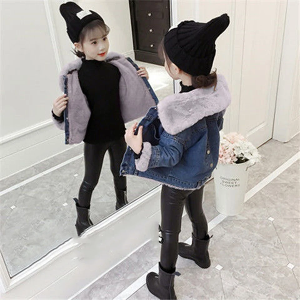 2019 Pink/Grey Color Jeans Jackets For Girl Coat Plus Velvet Windbreaker Autum Winter Outwear Children Solid Coats | Детская одежда и