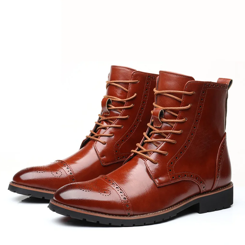 E35 Brown Misalwa/мужские ботинки; модные мужские ботинки с перфорацией типа «броги» из мягкой кожи; сезон осень-зима; большие размеры; цвет черный, коричневый; ботильоны на шнуровке в британском стиле - Цвет: E35 Brown
